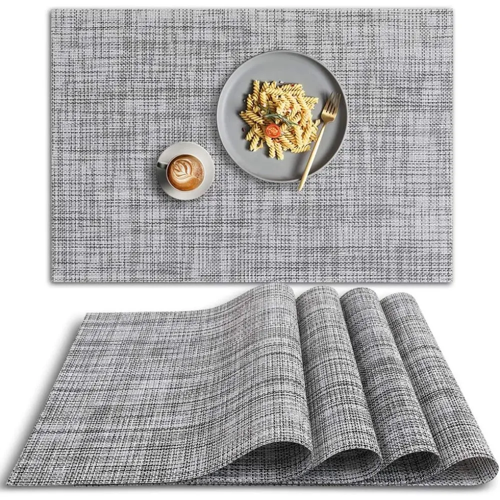 Gray 4-Piece Environmentally Friendly PVC Rectangle Placemat Set - Non-Slip, Heat-Resistant, Washable Vinyl Place Mats for Coffee & Kitchen Use