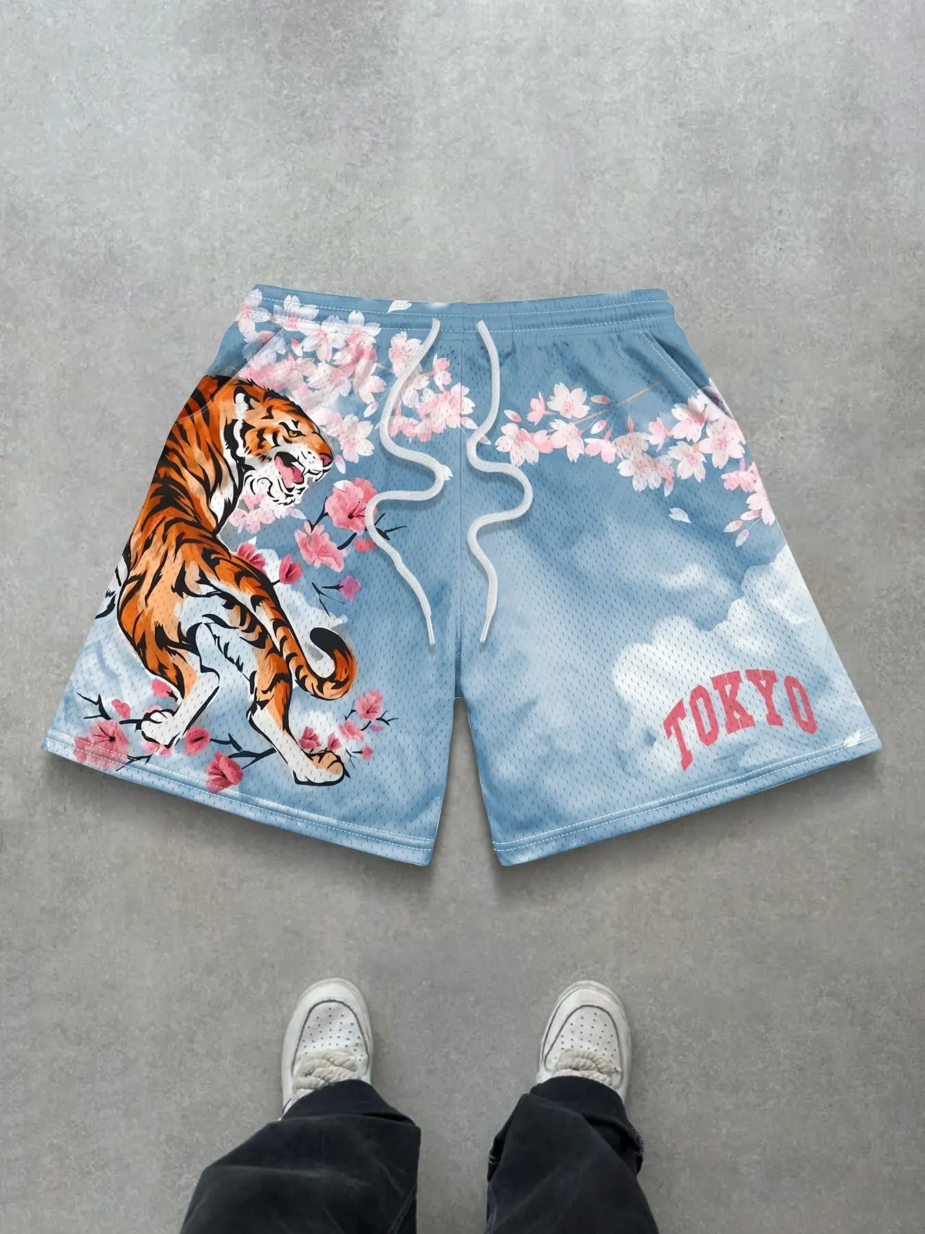 Neutral Dopamine Fashion Summer Street Style Tiger Cherry Print Mesh Sports Shorts, Comfortable Breathable, Multiple Colors, Casual Daily Wear, Cherry Youth Short