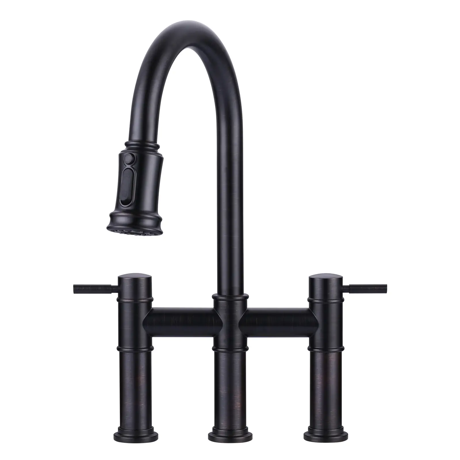 WOWOW Oil Rubbed Bronze 3-Hole High Arc Bridge Double Handle Kitchen Faucet - Brass (Copper) Body, Pull-Down Sprayer, 360° Swivel, Included Supply Lines, for Modern & Rustic Farmhouse Decor, Garden Kitchen Fixtures, Double Handle Faucet, Modern Farmhouse
