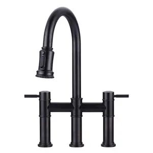 WOWOW Oil Rubbed Bronze 3-Hole High Arc Double Handle Bridge Kitchen Faucet - Brass Body, Pull-Down Sprayer, 360° Swivel, Included Supply Lines, for Farmhouse, Rustic Home Decor, Double Handle Faucet
