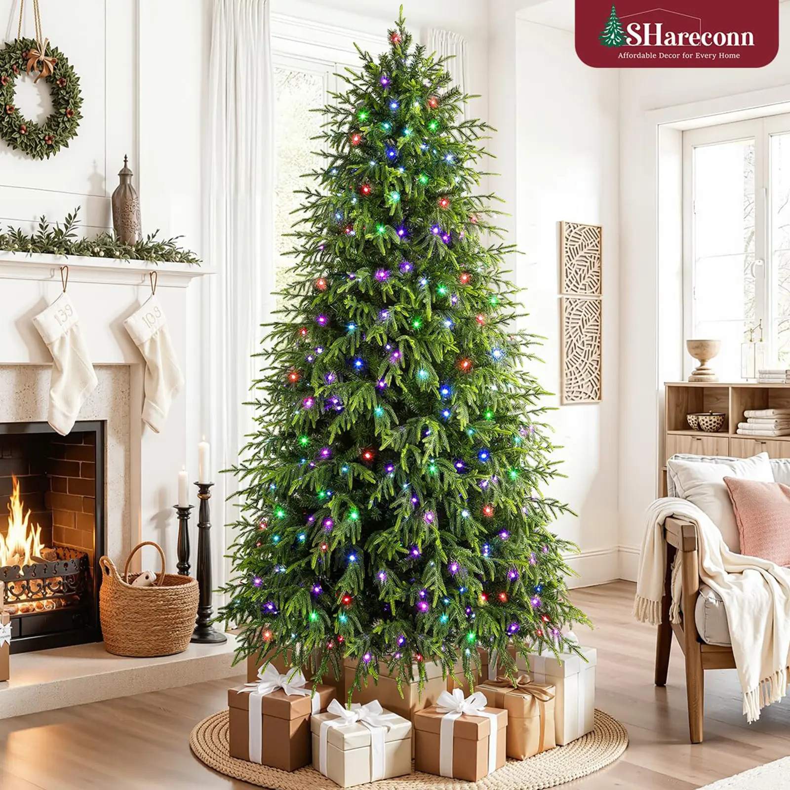 Shareconn Classic LED Lighted Green Christmas Tree (5.5/6.5/7.5/8/9FT) with Color Changing LED Lights, PE+PVC Branch Tips, Hinged Design, Remote & Timer, Ornaments-Ready Home Supplies Holiday Decoration