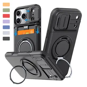 for iPhone 17 Pro Max 16 15 14 13 12 case with Card Holder [Store 2 Cards] + 360° Magnetic Ring Kickstand Compatible with MagSafe Slide Camera Cover Military-Grade Shockproof Protective case