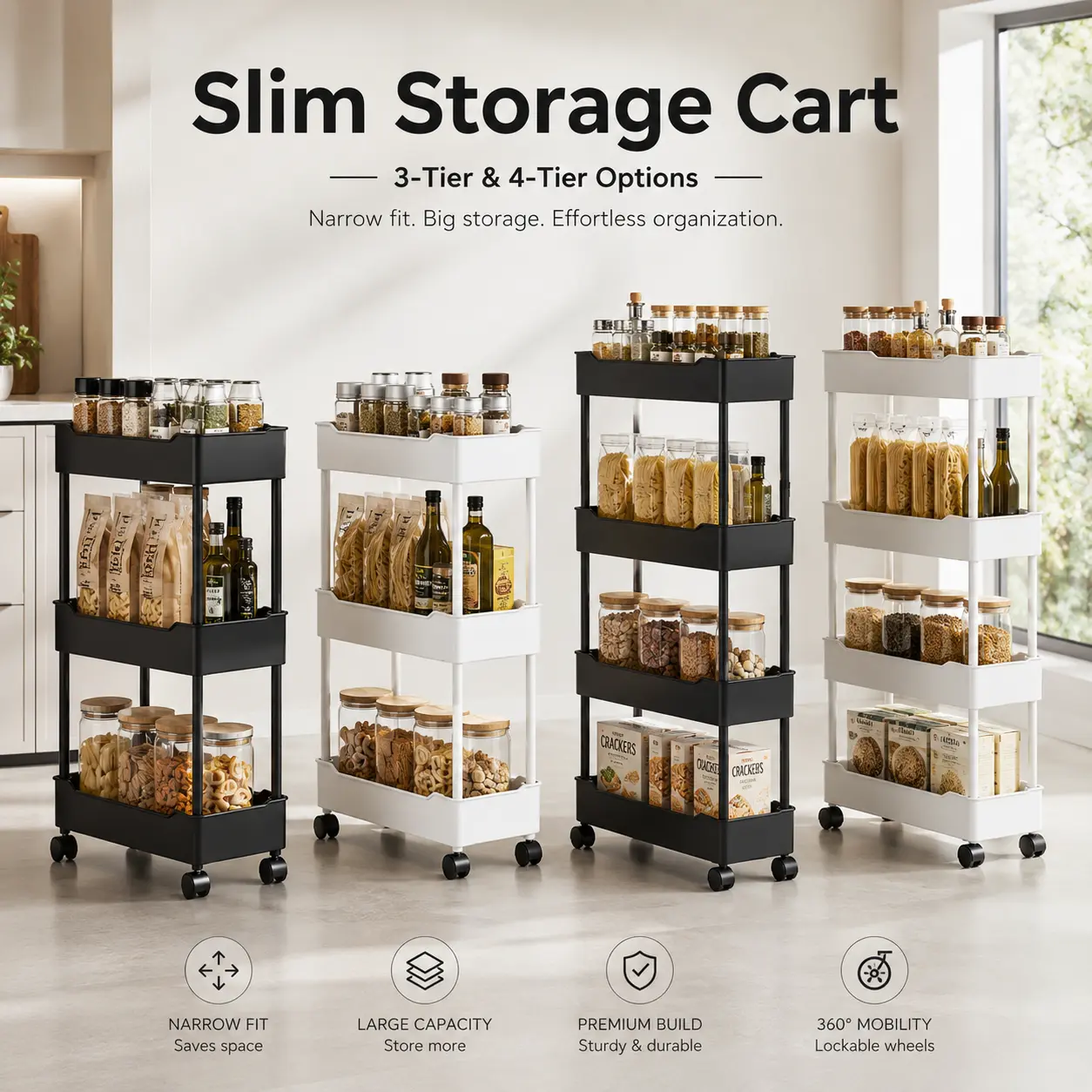 3-Tier or 4-Tier Multifunctional Rolling Utility Cart - Slim Mobile Storage Trolley with Spacious Open Baskets, 360° Wheels for Kitchen, Bathroom, Office