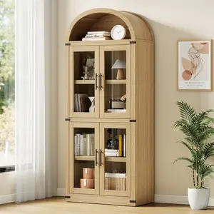 Arched Bookshelf with Glass Doors 71 Point Four Inches Tall Rustic Premium Wood Display Cabinet Glass Door Oak