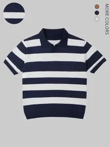Vintage Men's Colorblock Striped Knit Polo Shirt, Breathable Mesh Fabric, Casual Daily and Vacation Wear, Fitted Style