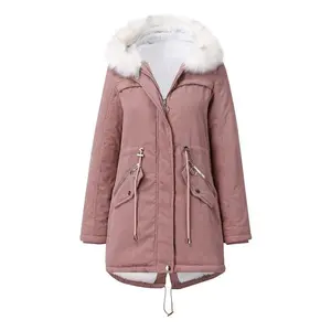 Women's cotton-padded coat white fur collar parka medium and long hooded winter warm fleece coat women's cotton-padded coat