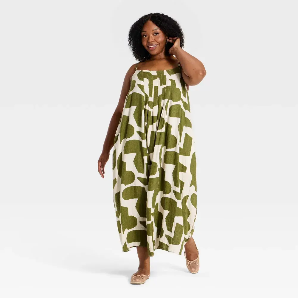 Women's Flowy Midi Tank Dress - Ava & Viv Green Abstract XXL