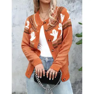 Women’s Halloween-themed ghost print button-up cardigan, autumn and winter cute casual long-sleeve cardigan, women’s knitted Japanese school uniform