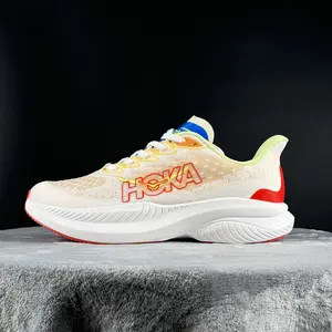 Breathable Mesh Athletic Workout Sneakers Off White Upper Bright Red Outsole Cushioned Long Distance Running Footwear