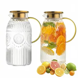 2 Quart (2 Liter 68 oz) Vintage Glass Pitcher with Lid and Spout, Water Pitchers with Handle for Fridge, Borosilicate Glass Carafe for Hot/Cold Drink, Large Jug for Iced Tea, Coffee, Beverage, Cold Fruit Dispenser