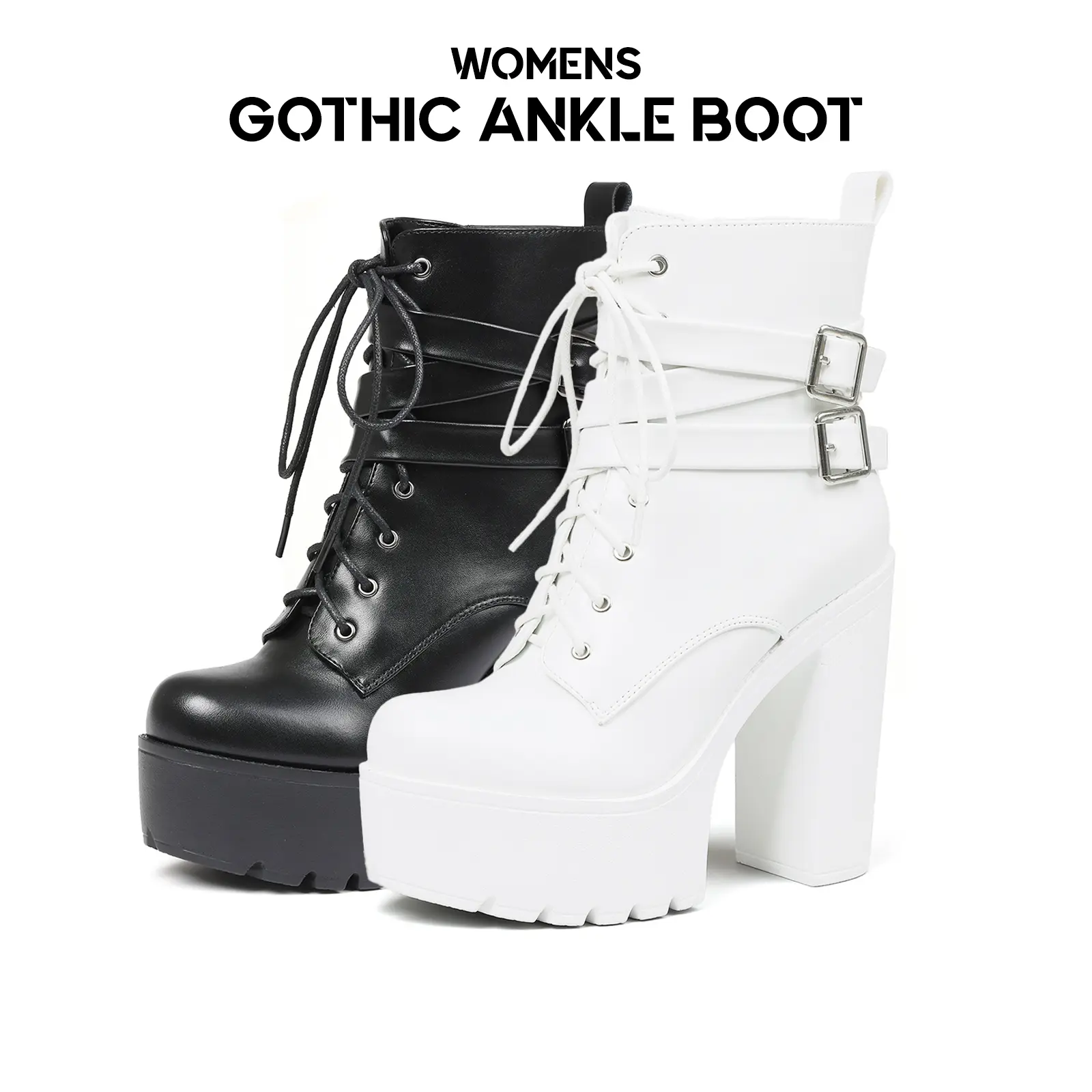 CYNLLIO Womens Gothic Ankle Boot Chunky Platform High Heel Rounded Toe Cross Ankle Strap Side Zipper Lace Up Adjustable Buckle Comfy Concert Party Nightclubs Outing Casual Goth Punk Retro Summer Shoes