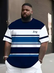 Men's Plus Size 3D Geometric Print Striped T-Shirt, Breathable & Summer Casual Top, Loose Fit Short Sleeve Athletic Crew Neck Sports Tee, Athletic Style Activewear