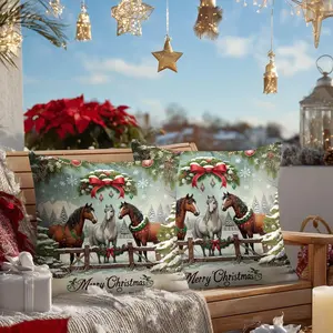 Christmas Horses Throw Pillow Covers Pack of 2 18x18 Inch Farmhouse Holiday Cushion Cases 165g Satin Soft Decoration Rustic Winter Pillow Covers for Sofa Couch Bed