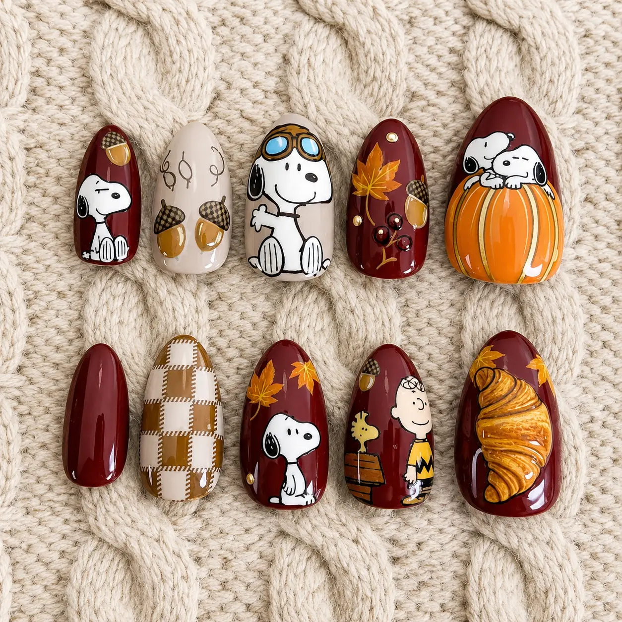 Handmade Thanksgiving asnoopyle Press On Nails | 3D Autumn Cartoon Pumpkin Plaid Reusable Gel Fake Nails| FREE Adhesive Tabs FREE Nail File FREE Cuticle Stick