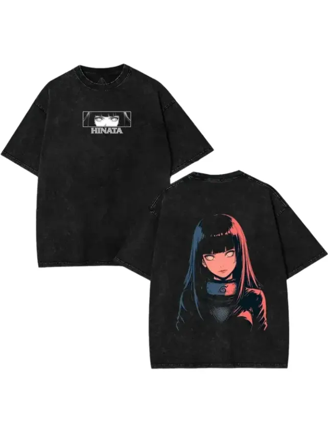 Unisex Oversized Heavy Cotton Hinata Hyuga Anime T-Shirt, Vintage Acid-Washed Double-Sided Graphic Tee, Front Eye Snippet & Back Character Portrait Print, Ideal Gift for Anime Fans versatile short sleeve