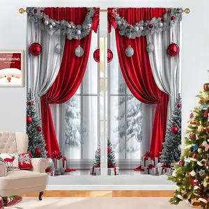 2PCS Christmas-Themed Brushed Fabric Digital Printing Curtains, Window Curtain, Romantic Design with Silver Decorations & Outdoor Snowy Scenery, Rod Pocket Installation, Semi-Transparent Polyester Material, Suitable for Living Rooms, Kitchens