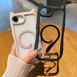 Cute Cat Ear Tail Magsafe Phone Case For iPhone 16e 15 13 Pro Max 14 16 Plus 11 12 Wireless Hard Transparent Cover