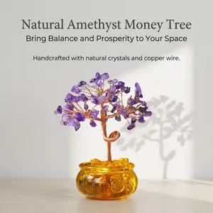 Natural Amethyst Crystal Money Tree Bonsai Sculpture | Feng Shui Wealth & Luck Figurine | Purple Gemstone Home Decor Ornament | Copper Wire Art for Office & Living Room