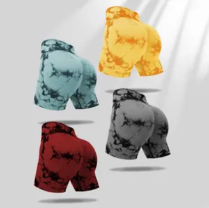 Women Tie-Dye Floral High-Waisted Yoga Shorts – Peach Lifting Workout Fitness Running Sports Shorts for Women