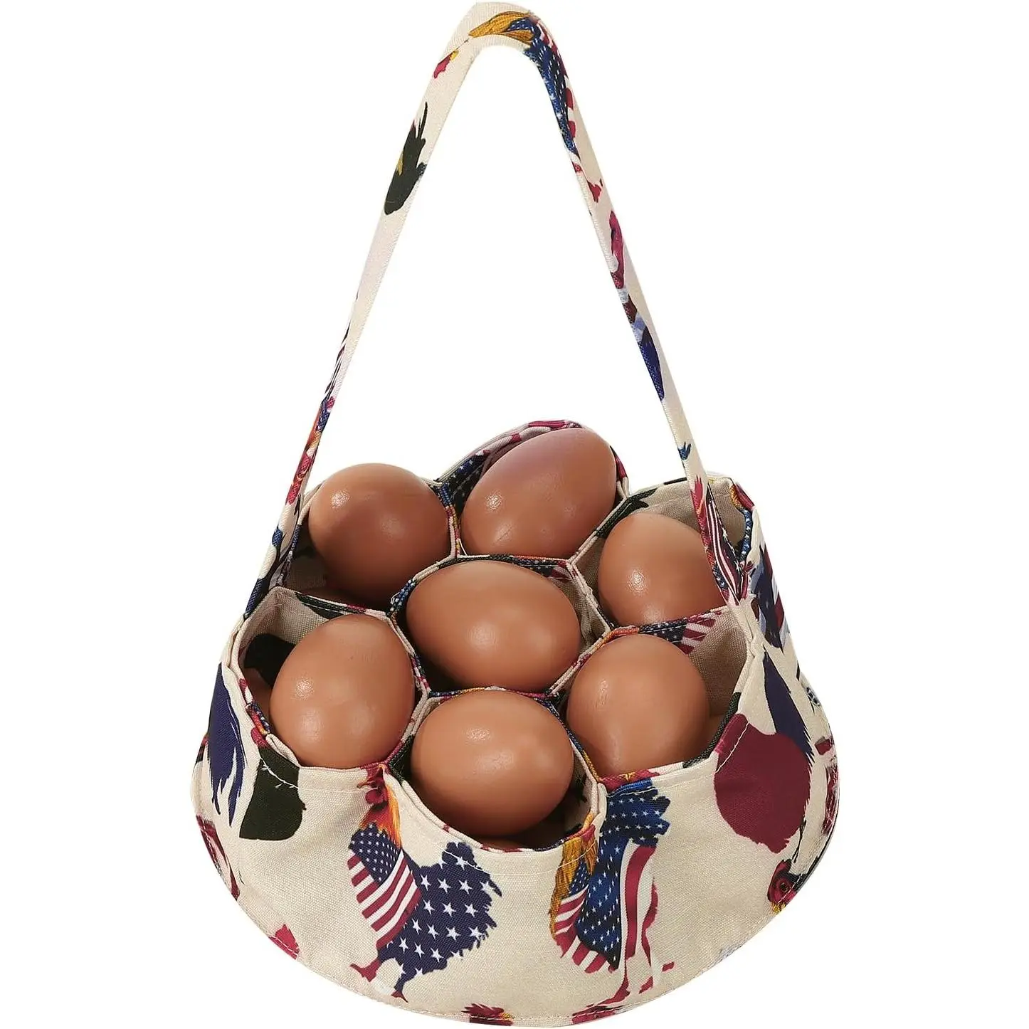 Egg Collecting Basket, Canvas Egg Basket for Gathering with 7 Pouches for Chicken, Duck, Goose, Bird, Various Poultry Collection (Flag Chicken)