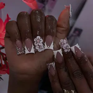 10 pcs Handmade Press on Nails 3D Floral White Tips,Ducknails, Y2K Baddie Style, Nude And White Color with French Tips, Floral And ringstone design, Suitable for Women And, Includes Tools
