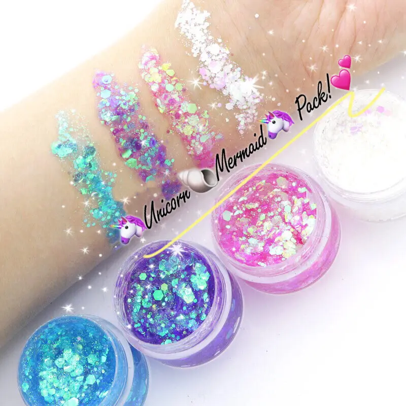 Unicorn Glitter Jelly 4-Pack with Coconut Oil, Long-Lasting Metallic Finish for Face, Body, Hair & DIY Glitter Nails - Cosmetic Grade Body Makeup, 10g Jars, Jelly Nails, Aqua, Diy Nails At Home