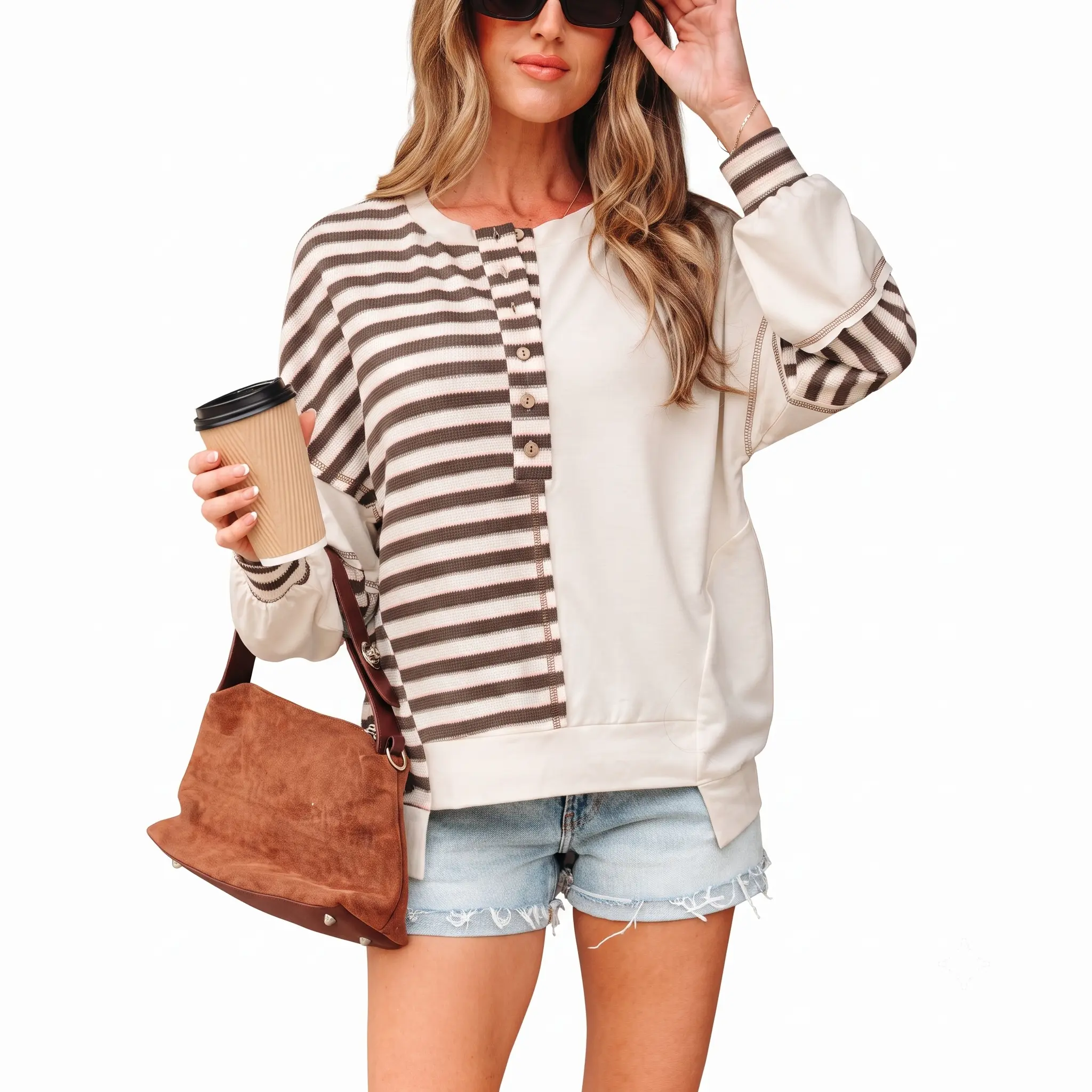 Women's Oversized Pullover Top, Color Block Striped Long Sleeve Henley Shirt, Casual Patchwork Crewneck Sweatshirt with Stitched Details Breathable Brown