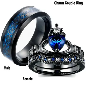 Charm Couple Rings Romantic Blue Rhinestones Crown Women Rings Set Men Stainless Steel Celtic Dragon Ring Wedding Party Jewelry
