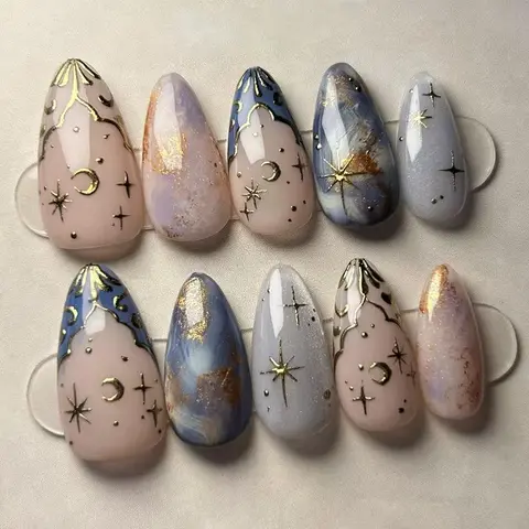 Cat Eye Stars & Moon Pattern Press on Nails Set, 24pcs Astrological Theme 3D Ripple Design Fashion Wearable Glossy Fake Nails for DIY Nail Art, Nail Accessories, Nail Art Supplies, Perfect for Daily Use, Cosmic Nails, Decorative Nails, Glittery Nails
