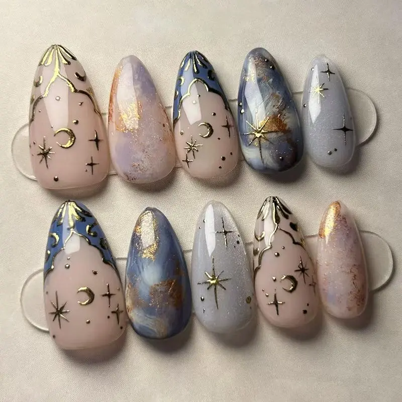 Cat Eye Stars & Moon Pattern Press on Nails Set, 24pcs Astrological Theme 3D Ripple Design Fashion Wearable Glossy Fake Nails for DIY Nail Art, Nail Accessories, Nail Art Supplies, Perfect for Daily Use, Cosmic Nails, Decorative Nails, Glittery Nails