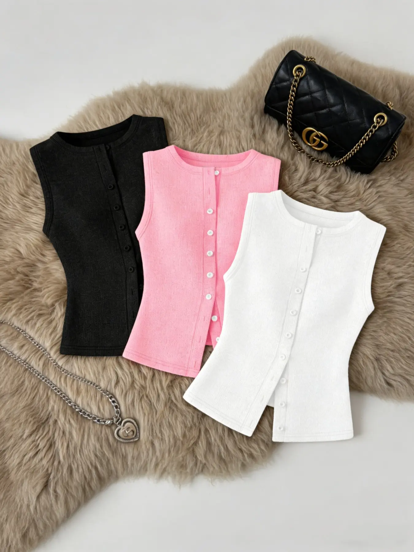 Commute Style Simple Basic Vest Tank Top, Single Row Button Slim Fit Slimming Three-Piece Set, Fashion Plain Clothing, No Zipper, Casual Minimalist Sleeveless