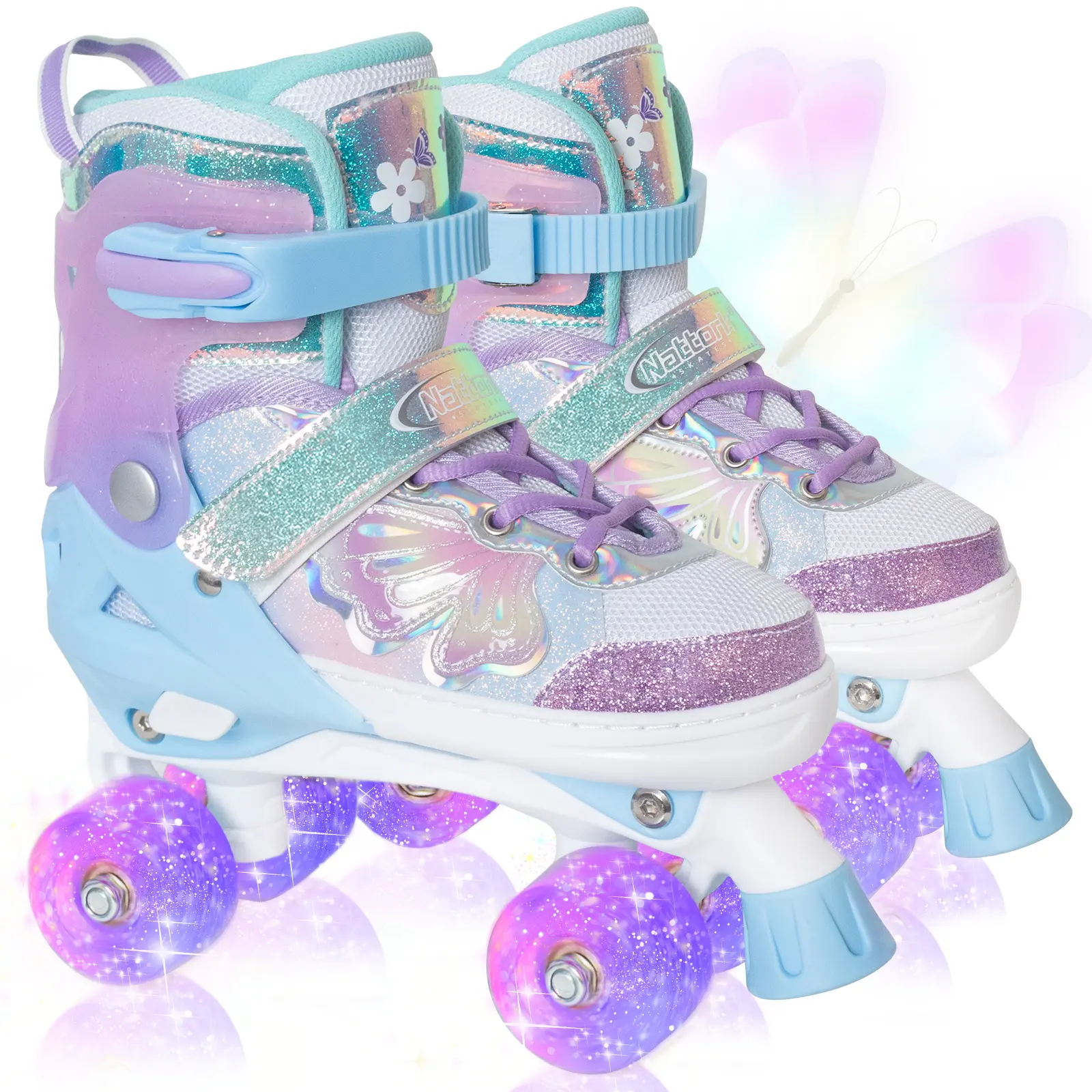 Nattork Kids Lavender Fairy Wing Adjustable Inline Skates with 8 Shiny Wheels, Extra Toe Protection, Breathable Mesh and 1-Push-Change Size Adjustment, Fairy Wings, One-Push-Change Size Adjustment