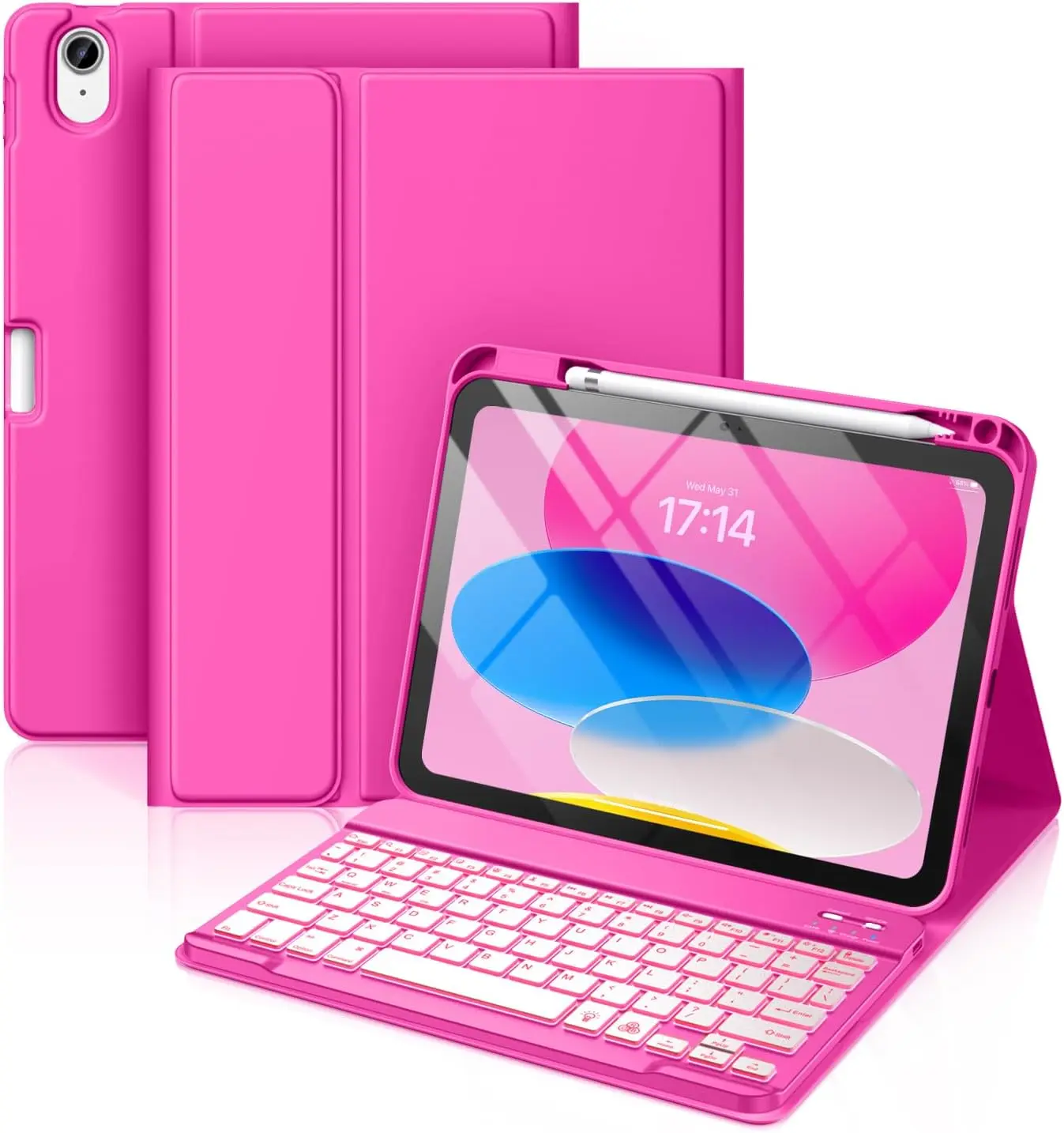 for iPad 11th 10th Generation Case with Keyboard - 7 Colors Backlit Wireless Detachable Folio Keyboard Cover with Pencil Holder for iPad 11-inch A16 2025 10th Gen 10.9 Inch 2022 (Hot Pink)