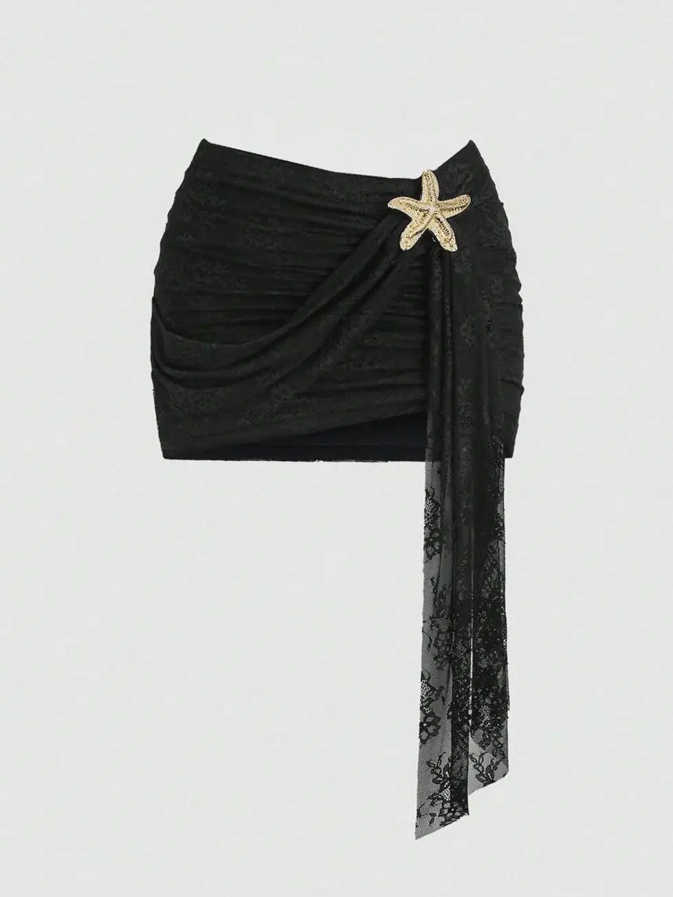 Women's Lace Mini Skirt with Starfish Embellishment, Asymmetrical Ruched Bodycon Skirt for Parties, Events, and Night Out