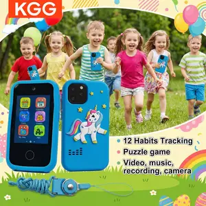KGG Cute Cartoon Kids Mini Phone (No Memory Card Included), multifunctional educational learning toy with English study, puzzle games, music, video, camera, recorder, calendar, alarm, flashlight, calculator and habit tracker for students.
