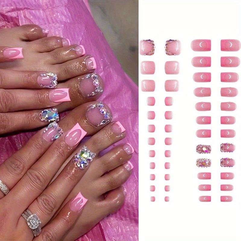[Fashionable Nail Kit] 2 Pack 48PCS Handmade Pressing Nail and Toe Nail Set |   Pink Square Nails with 3D Rhinestones, Glossy French Pointed Design, Fashionable Nail Kit for Women