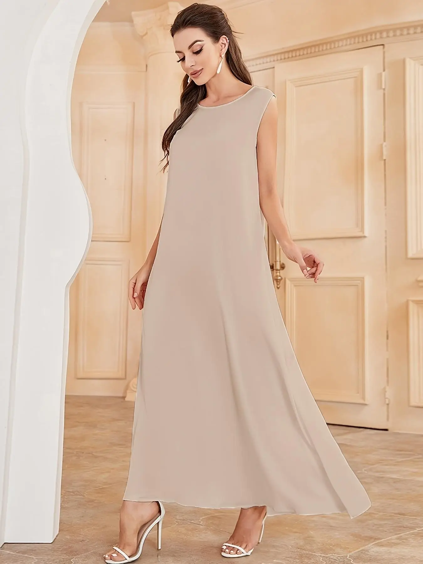 Women's Plain Round Neck Tank Dress, Elegant Sleeveless Long Dress for Party Wedding Guest, Ladies Clothes for All Seasons