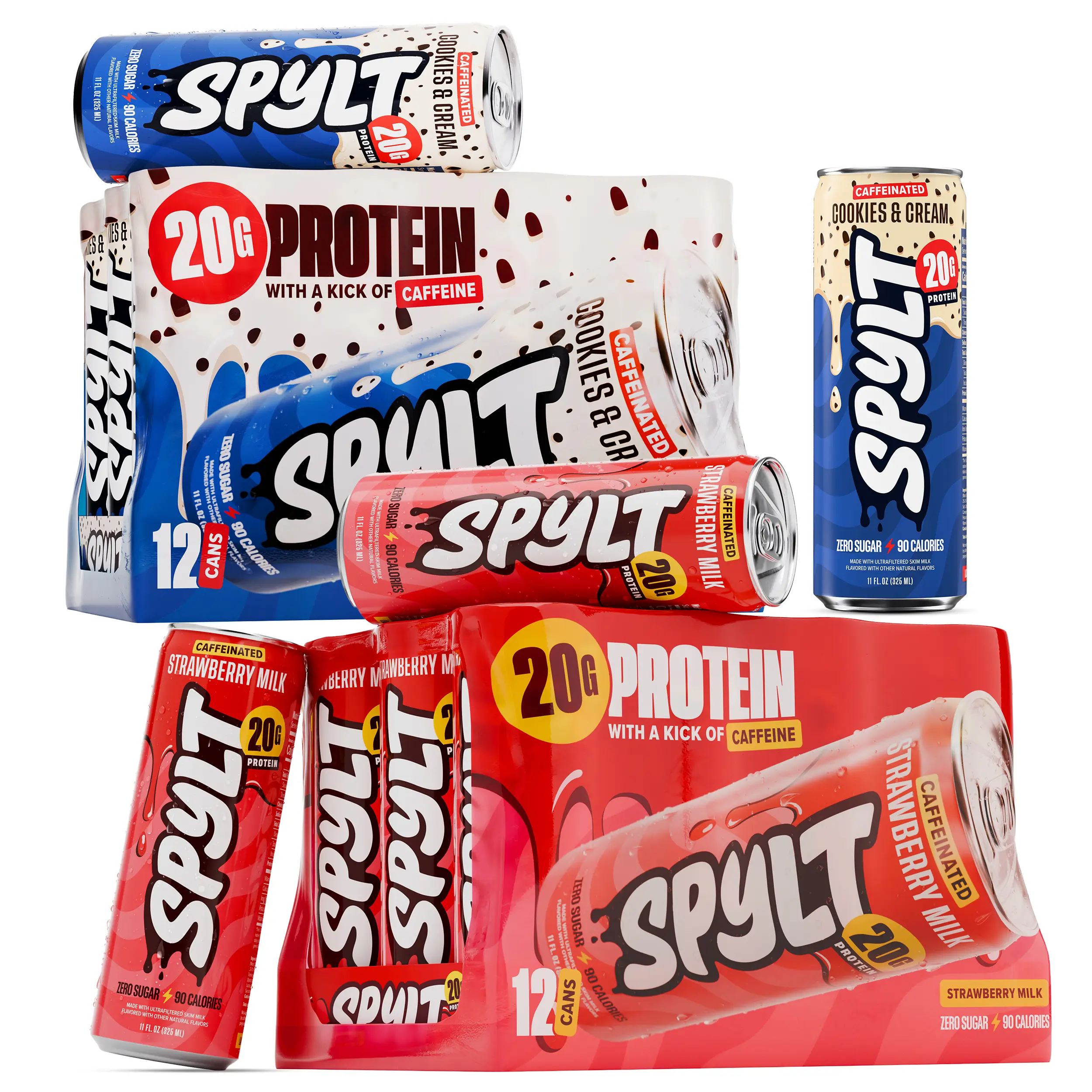 Spylt High Protein Cookies & Cream + Strawberry Milk Bundle | 60mg Caffeine, 20g Protein, 90 Calories | Ready to Drink, Sugar Free, Lactose Free Milk | Perfect for Workout Recovery & Afternoon Pick Me Up