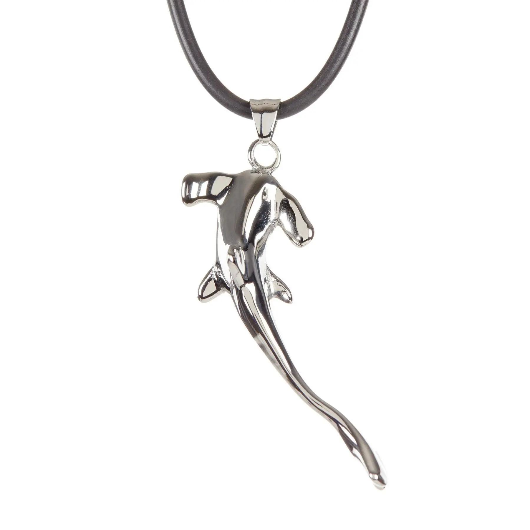 Mens Black Leather Stainless Steel Hammerhead Shark Pendant