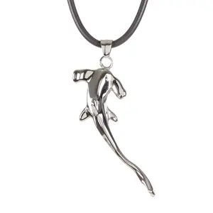 Mens Black Leather Stainless Steel Hammerhead Shark Pendant