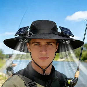 Dual Solar Fan Cooling Sun Hat, Wide Brim Outdoor Fishing Hat with Built-in Solar Powered Fans, Lightweight Breathable Mesh Bucket Hat, Summer Outdoor Cooling Cap with Adjustable Windproof Chin Strap, Unisex Suitable for Gardening, Hiking and Beach Vacati