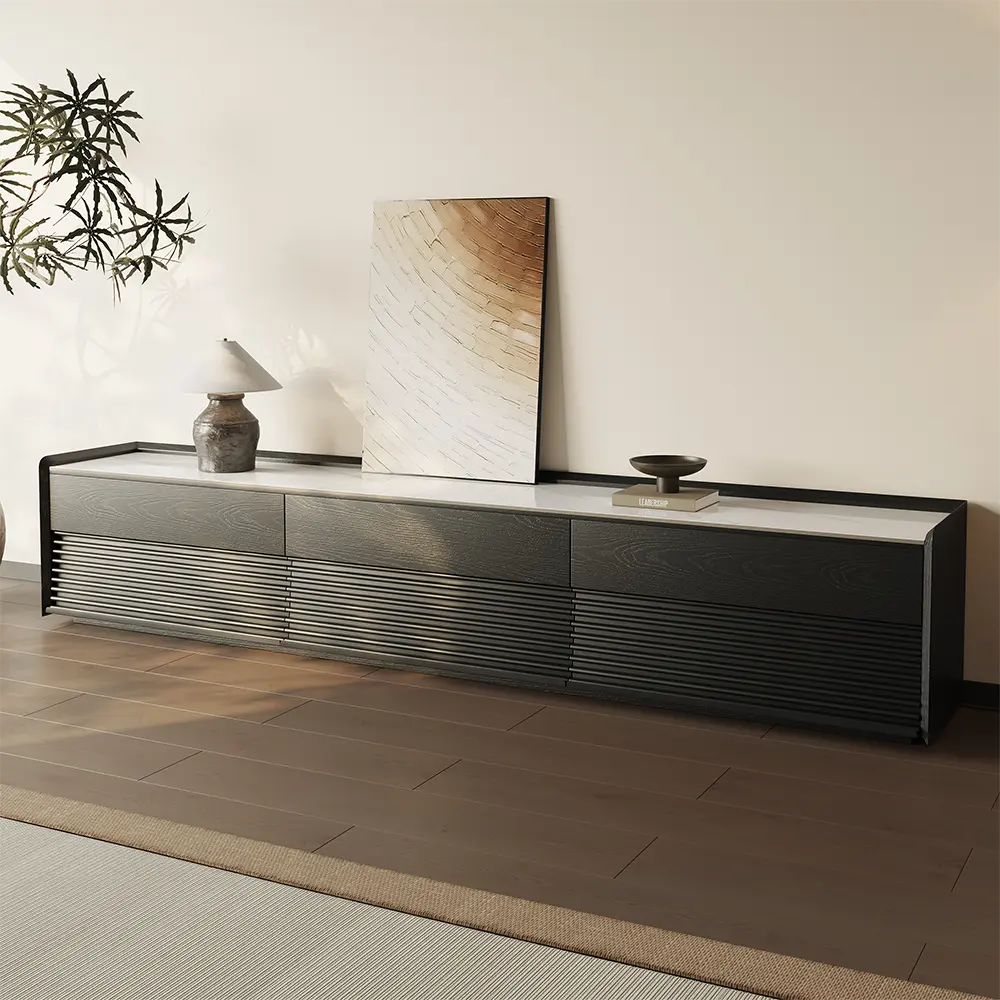 94.49" Mid-Century Glossy Sintered Stone Tabletop TV Stand, Modern Entertainment Center, Black Cabinet with Adjustable Light, Fully-Assembled, Perfect for 85-inch TVs