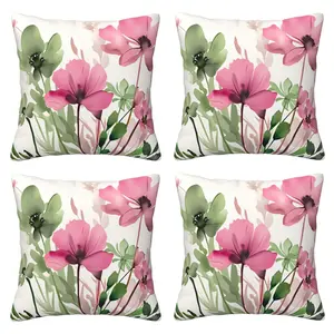 Spring floral pillow cover, watercolor sage green pink floral decorative pillow cover, outdoor farmhouse style decorative pillow cover, suitable for home sofas, 4-piece set with double-sided printing, Home Textile