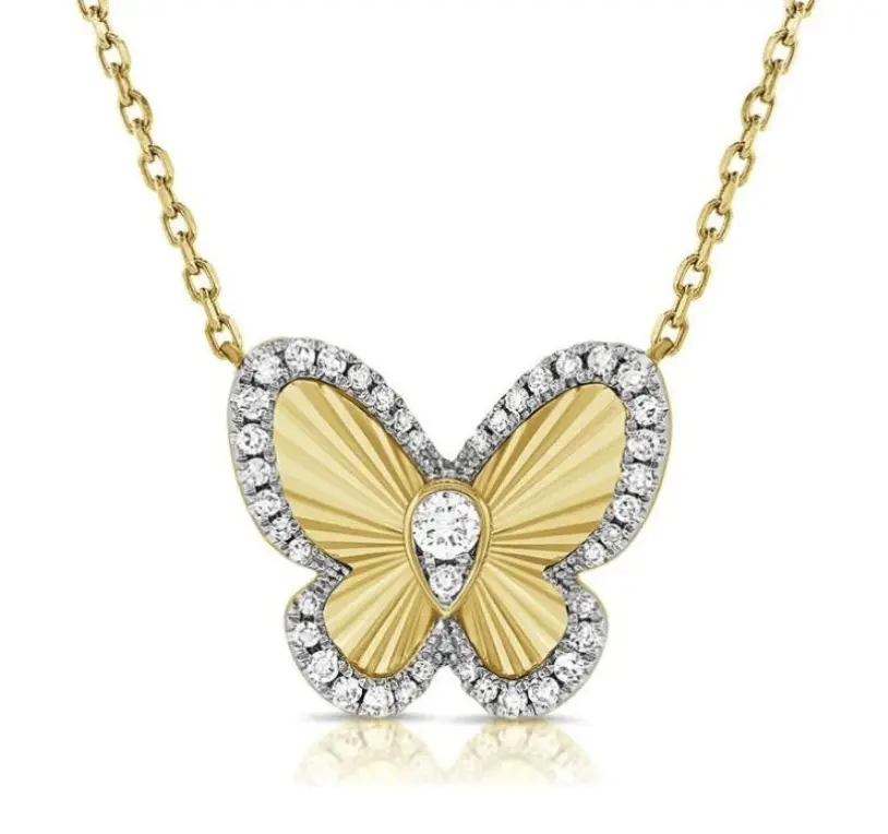 Diamond Butterfly Necklace • Solid 14K Gold Pendant, Adjustable Cable Chain