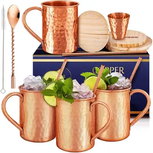 Set Moscow Mule Mugs Set Of 4 16 oz Solid Cooper,  Pure Copper Cups Cylindrical Shape HANDCRAFTED, BONUS 4 Straws, 4  Coasters, Stirring Spoon, And Shot Glass (Square)