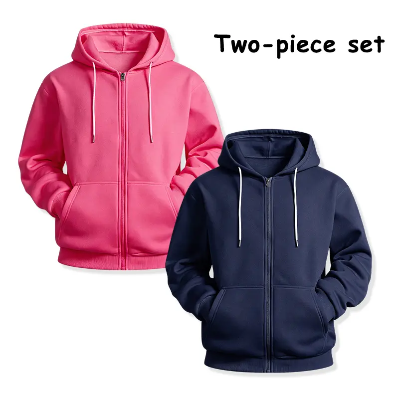 2-piece zip hoodie set, simple solid-color lightweight jackets with drawstring hoods