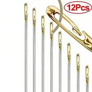 12pcs Self Threading Needle, Open Type Easy Threading Needles, Hand Sewing Needles Resistant to Rust with Wooden Case