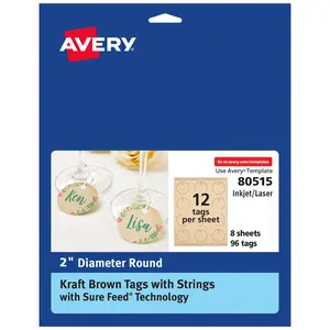 Avery Kraft Brown Round Tags with Sure Feed Technology, 2" Diameter, Laser/Inkjet, 96 Printable Tags with Strings Included, Also Great for Gift Tags and Favor Tags (80515)