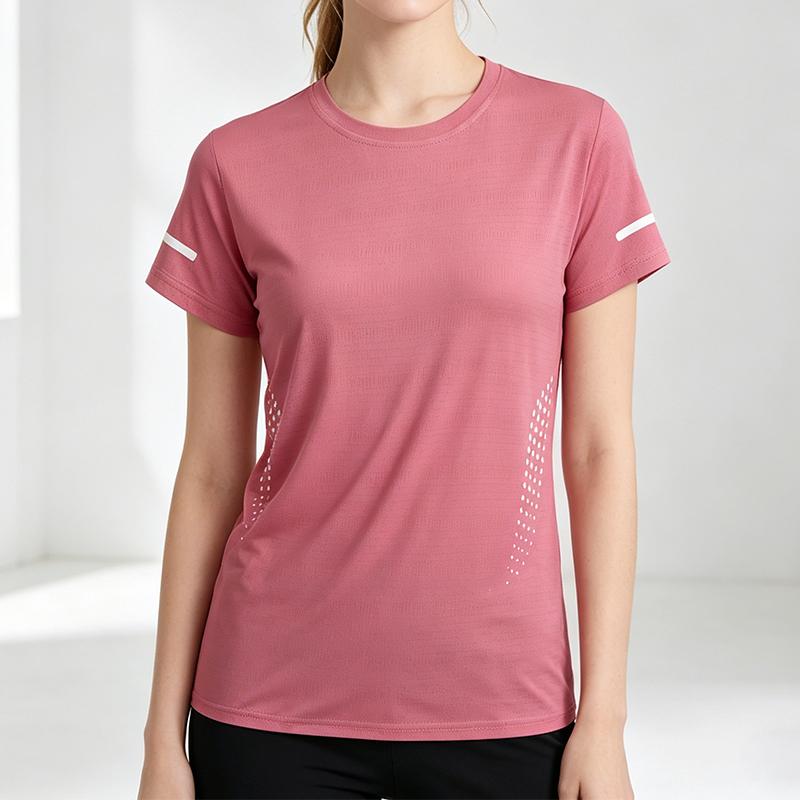 New women’s quick-dry sports T-shirt with reflective stripes, breathable athletic top, lightweight for running, fitness, and yoga