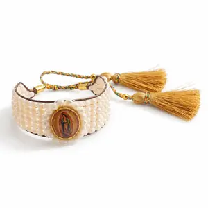 Our Lady of Guadalupe Beaded Bracelet, Handmade Catholic Jewelry, Adjustable Religious Bracelet with Tassels, Virgin Mary Devotional Gift